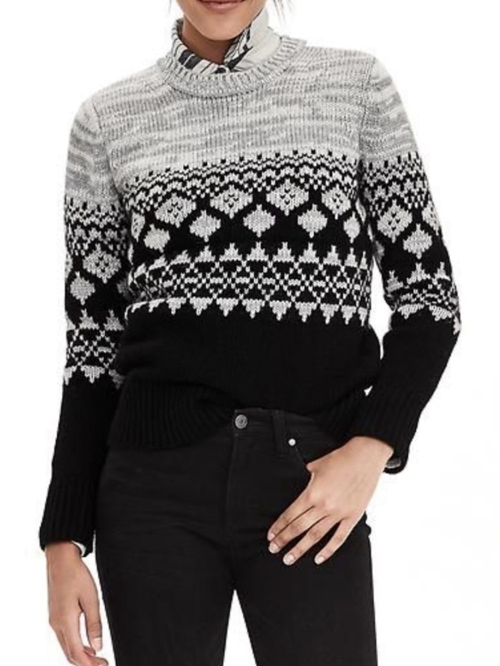 NWT Banana Republic Black & Gray Fair Isle Wool Blend Crewneck Sweater, Size M